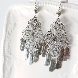 Feather Fringe Filigree Silver Chandelier Earrings